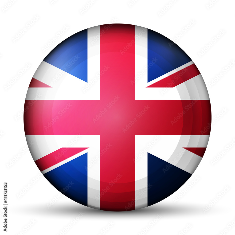 Obraz premium Glass light ball with flag of United Kingdom. Round sphere, template icon. English national symbol. Glossy realistic ball, 3D abstract vector illustration highlighted on a white background. Big bubble