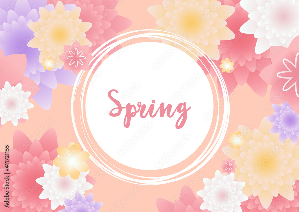 Spring Time. Beautiful and colorful background with flowers, leaves, plants. Illustration for banner, social media post, web site and flyers