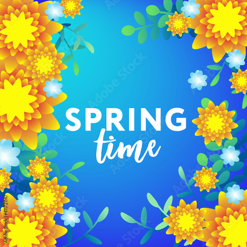 Spring Time. Beautiful and colorful background with flowers, leaves, plants. Illustration for banner, social media post, web site and flyers