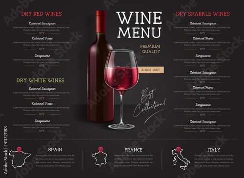 Wine restaurant menu design with realistic wine glasses and bottles. Chalk background