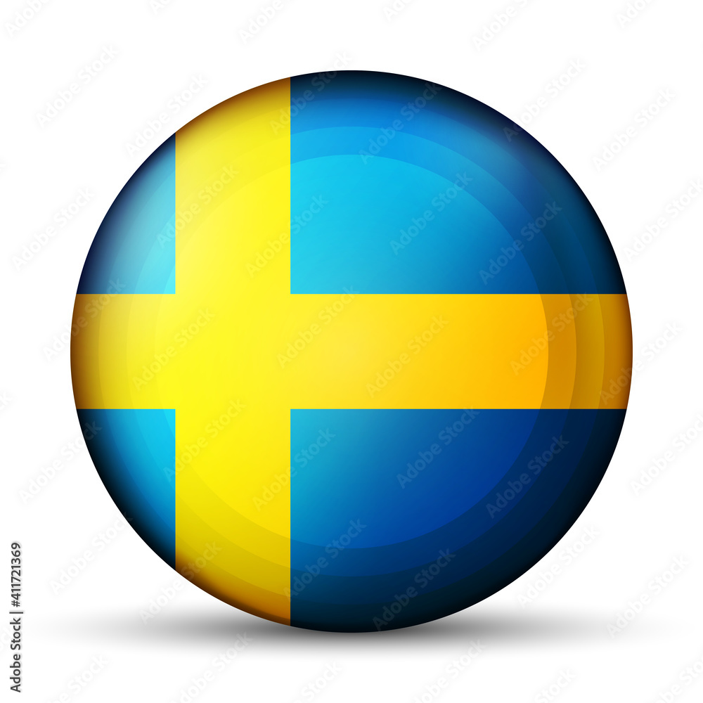 Glass light ball with flag of Sweden. Round sphere, template icon. Swedish national symbol. Glossy realistic ball, 3D abstract vector illustration highlighted on a white background. Big bubble. Glass light ball with flag of Sweden. Round sphere, template icon. Swedish national symbol. Glossy realistic ball, 3D abstract vector illustration highlighted on a white background. Big bubble.