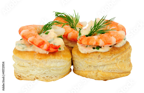 King prawn puff pastry vol au vents with salmon flavoured cream cheese filling isolated on a white background