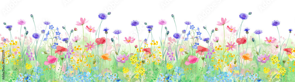 色々な花が咲き乱れる、春の野原の水彩イラスト。横方向シームレスパターン。パノラマ。 | DCN Gallery