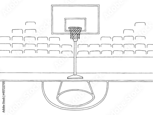 Basketball stadium court interior sport graphic black white sketch illustration vector