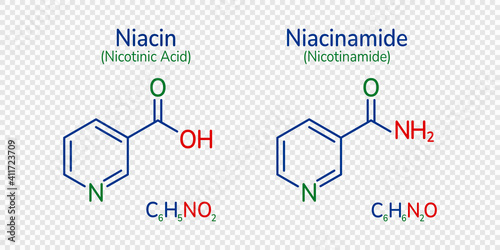 Niacin and niacinamide skeletal formula vector illustration. Nicotinamide, nicotinic acid molecule and simple text. Vitamin B3 image. Can use for medical, chemical cosmetic and scientific designs.