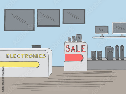 Electronics store interior graphic color sketch illustration vector 