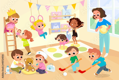 Children kids pupils play together having fun, fooling around in fine good mood, on playroom, playground. Preschool kids have fun. Children's activity in the kinder garden, primary school.