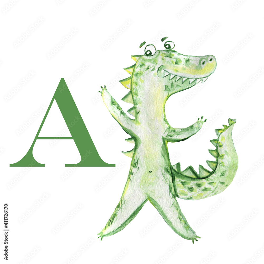 Fototapeta premium Alligator. English alphabet with watercolor animals. Children's illustration.