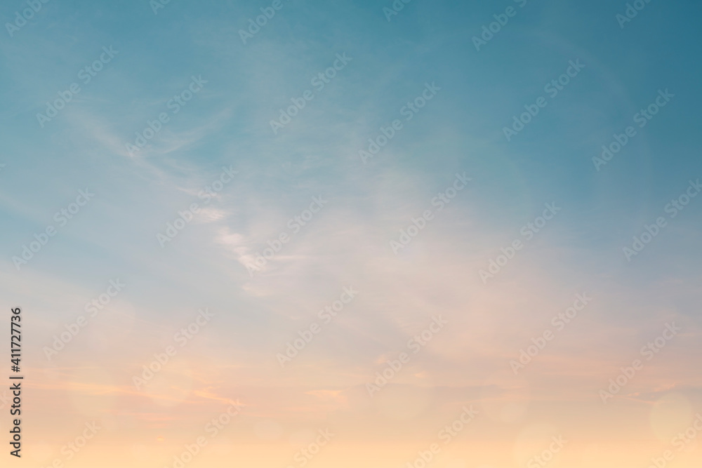 Obraz premium Summer Blue Sky and white clouds background. Beautiful clear cloudy in sunlight spring season. Panorama vivid cyan cloudscape in nature environment. Outdoor horizon skyline with spring sunshine.