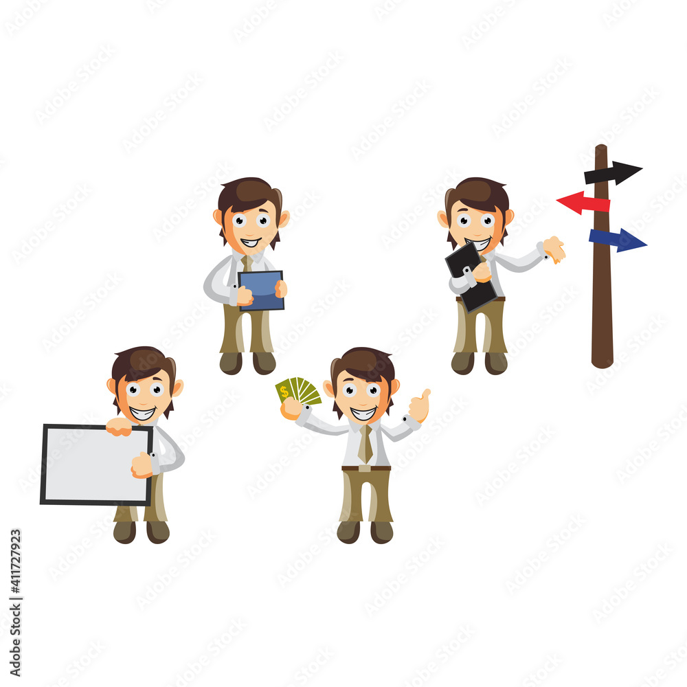 Business man cartoon character Illustration design creation Set with different gestures Business man cartoon character Illustration design creation Set with different gestures