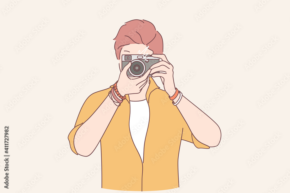 Creativity, photograph, artist concept. Young man freelancer photographer cartoon character standing making shot to camera vector illustration Creativity, photograph, artist concept. Young man freelancer photographer cartoon character standing making shot to camera vector illustration
