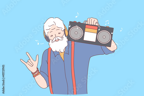 Freedom, party, having fun concept. Grey haired positive grandfather cartoon character dancing on blue background and holding record player on shoulder listening to music 