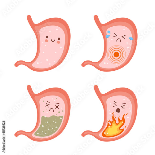 Healthy stomach and sick stomach characters. Gastritis, indigestion, vomiting, heartburn problems. Vector flat cartoon illustration on white background