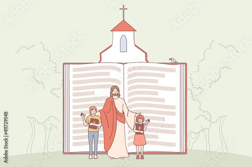 Christianity, religion, bible concept. Huge religious book with Jesus and children characters waving their hands showing importance of religion vector illustration 