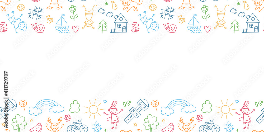 Happy children in summer park. Funny small kids play, run and jump. Color background in kid doodle style. Hand drawn vector illustration