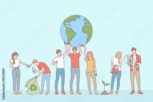 Ecological conversation, save planet concept. Young people volunteers cartoon characters collecting garbage taking care of plants and saving ecology on planet earth vector illustration 