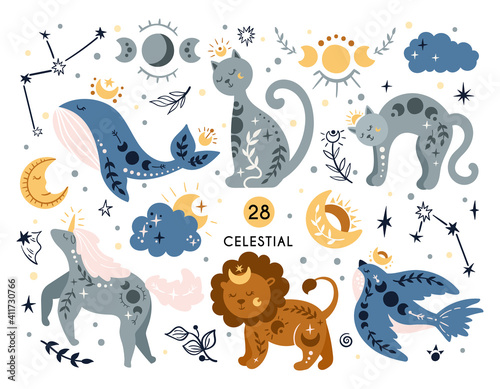 Celestial boho sky animals and bird isolated kids clipart, cat, whale, lion, magic unicorn, moon and stars on white background, mystical space baby illustration, vector design elements
