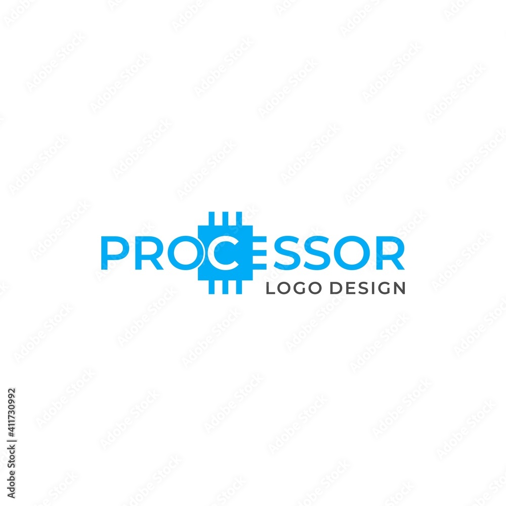 Unique and clean wordmark logo about computer processor in light blue color. EPS 10, Vector.