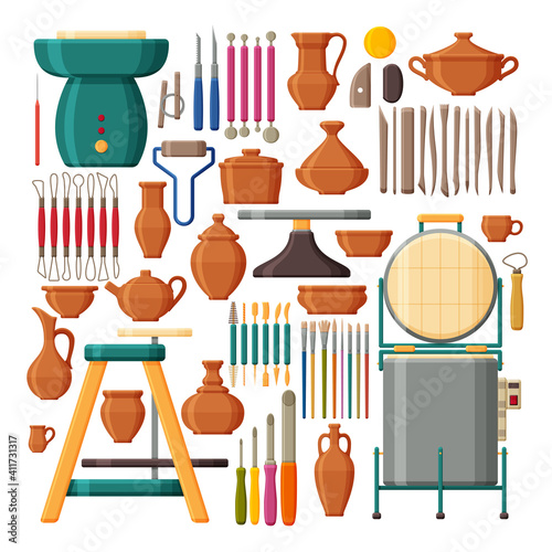 Set of pottery tools and equipments. Collection of clay tableware. Muffle furnace and pottery wheel.