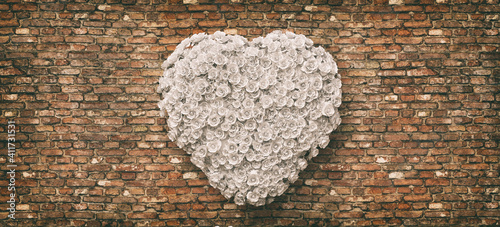 Fototapeta Naklejka Na Ścianę i Meble -  Heart of white roses on the brick wall background. Love concept, 3d rendering