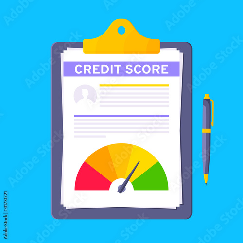 Credit score gauge speedometer indicator with color levels on clipboard with personal data. Measurement from poor to excellent rating for credit or mortgage loans flat style design vector illustration