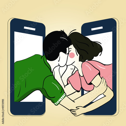 couple kissing through smartphone, showing long distance relationships