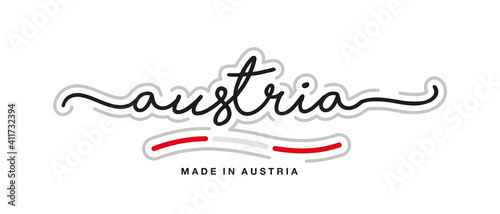 Made in Austria new modern handwritten typography calligraphic logo sticker Austrian flag ribbon banner