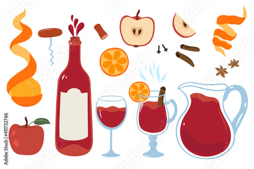 Wine set with bottle, glass, mulled wine, fruits and spices isolated on white background. Vector graphics.