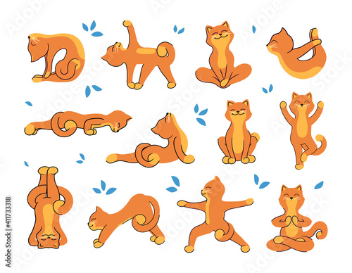 The collection of cats who are doing yoga to be healthy. The cartoon characters with text that can be customized. The set of vector illustrations is good for social media, and so on.