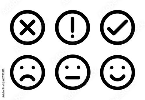 different moods smiles and check mark sign, vector icons set