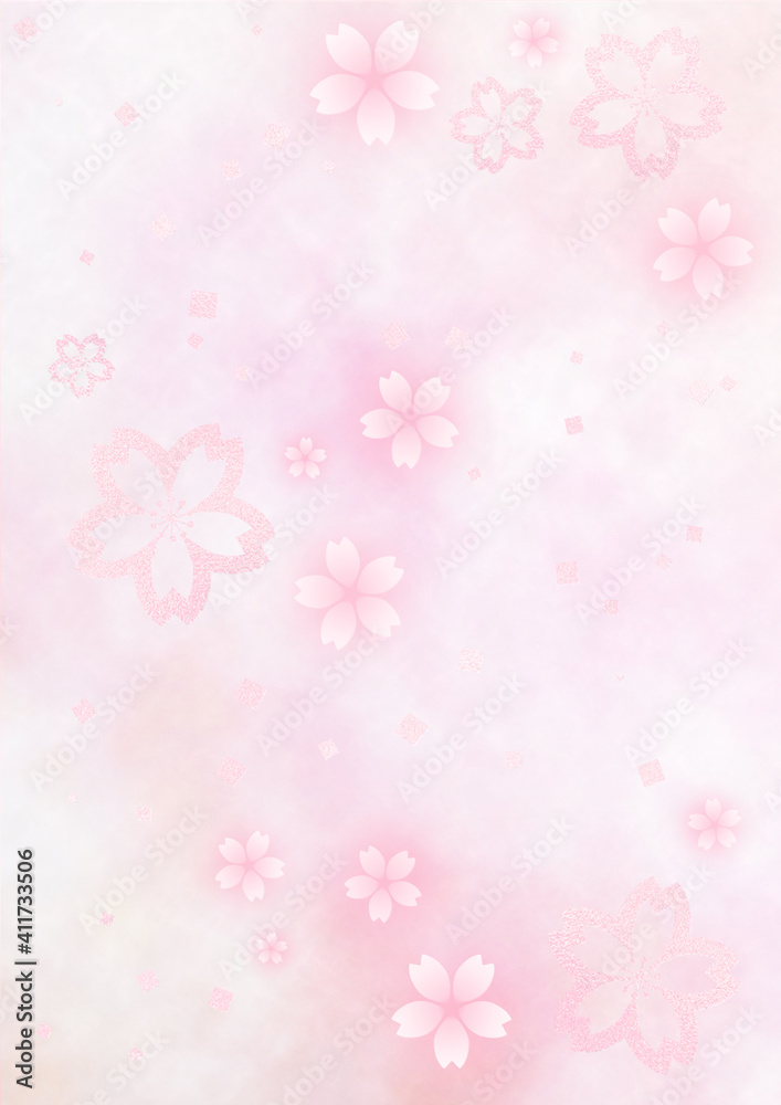 キラキラの桜とふわふわの桜　幻想的な背景　春の和風背景素材（ピンク）縦型