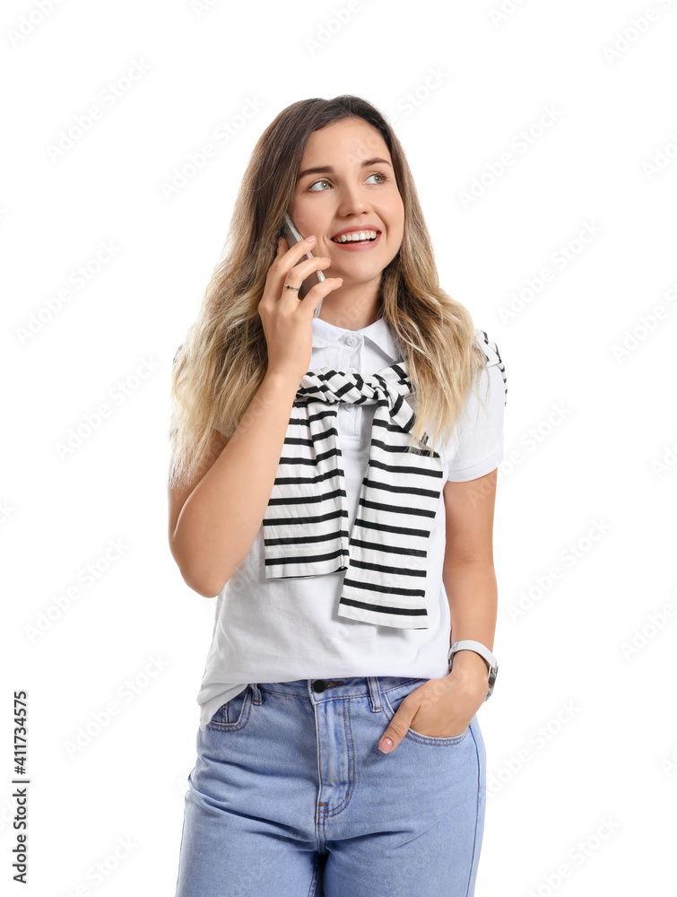 Young woman talking by mobile phone on white background Young woman talking by mobile phone on white background