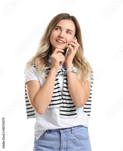 Young woman talking by mobi...