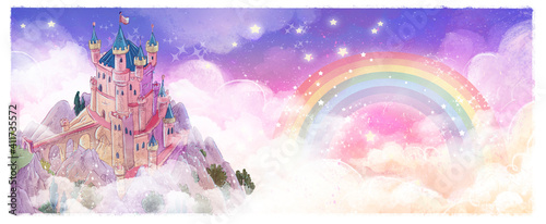 Magic castle in the sky with rainbow