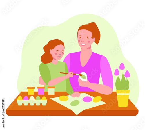 Mom and daughter are preparing for Easter, decorating eggs together. Vector illustration in flat cartoon style. isolated on white background.