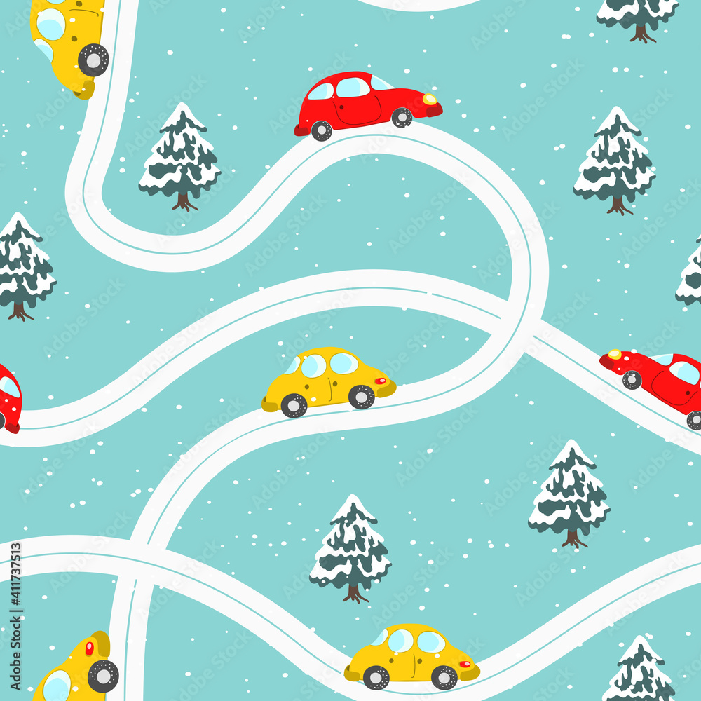 Seamless pattern with cute cars, christmas tree on blue winter background. Cartoot transport. Vector illustration. Doodle style. Design for baby print, invitation, poster, card, fabric, textile.