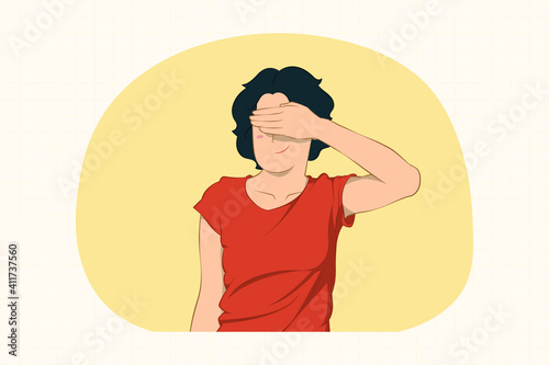 Curious young woman covering eyes with hand, hiding concept