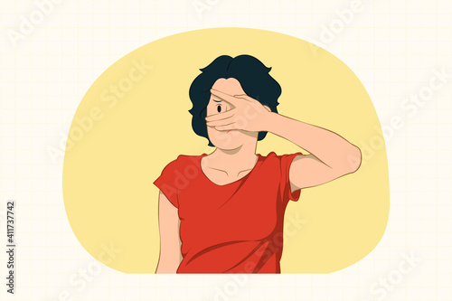 Scared young woman covering eyes with hand, hiding concept