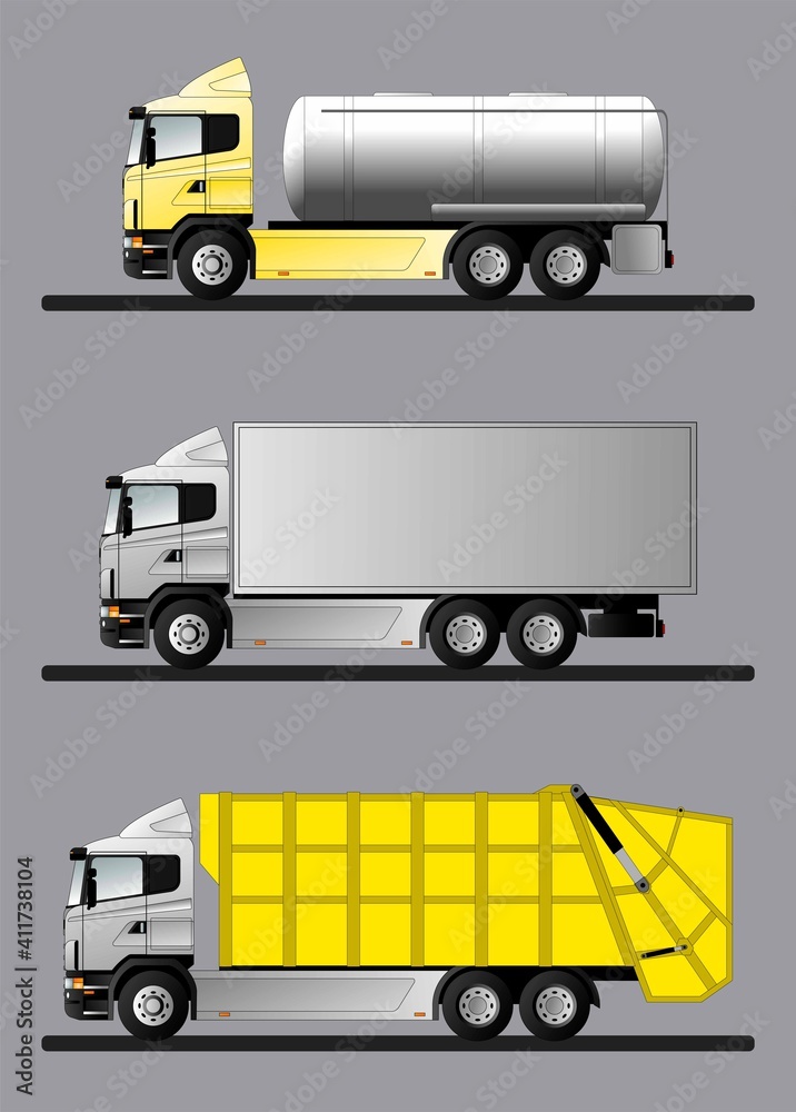 Options for modern European trucks for the transport of various goods. Flat style line art illustration. Options for modern European trucks for the transport of various goods. Flat style line art illustration.