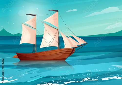 Sailing ship with black flags in the sea. Wooden sailboat on water. Cartoon vector illustration.
