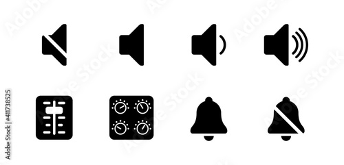 Volume control vector icons set. Level slider, sound controlling, down, up, mute, on, off isolated symbols collection