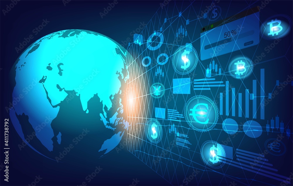 World money with financial communications.World wide web electronic cryptocurrency and modern technology.Online banking,Vector modern technology and financial communications concept. World money with financial communications.World wide web electronic cryptocurrency and modern technology.Online banking,Vector modern technology and financial communications concept.