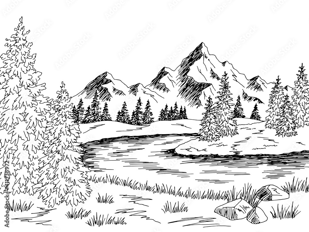 Mountain river graphic black white landscape sketch illustration vector