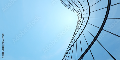 Fototapeta Naklejka Na Ścianę i Meble -  Low angle view of futuristic architecture, Skyscraper of office building with curve glass window, 3D rendering.