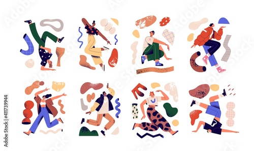Set of young creative people working and creating in chaos of scattered abstract geometric shapes. Concept of creation process. Colored flat textured vector illustration isolated on white background