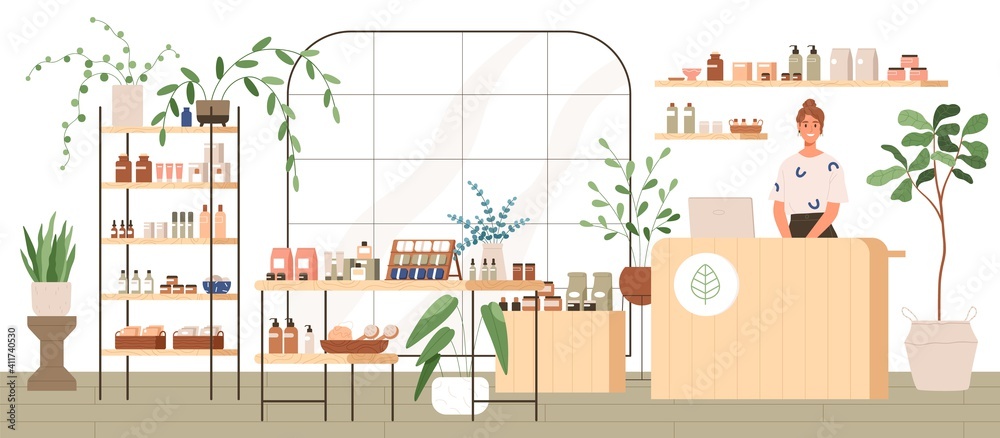 Interior of trendy cosmetics shop with organic natural products for skincare. Smiling seller behind counter in modern eco store with plants and wooden furniture. Colored flat vector illustration