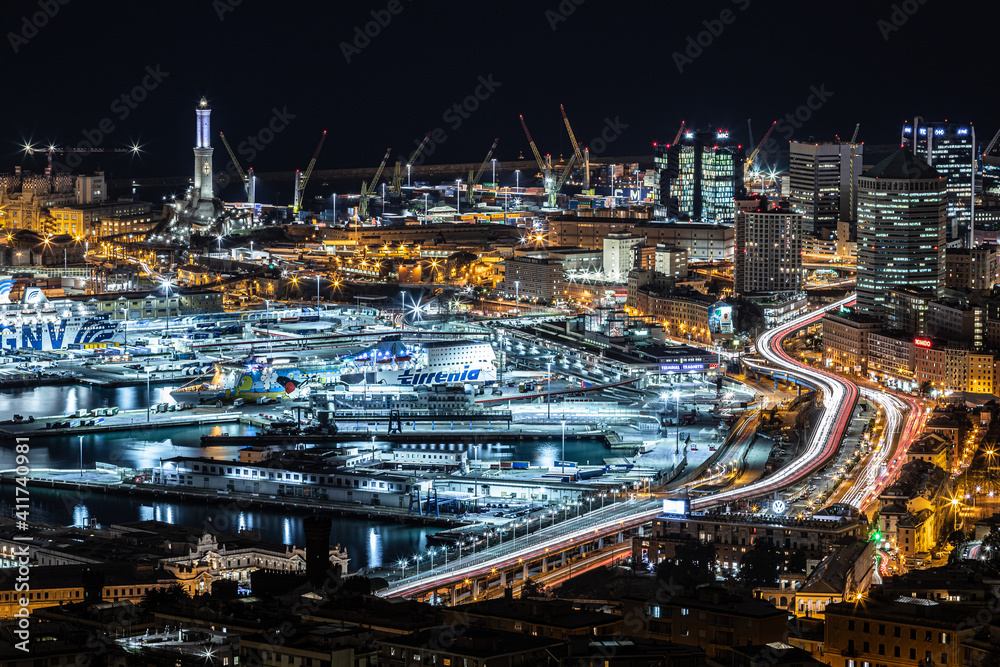 Genova by night from Righi and Castelletto, Italy