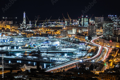 Genova by night from Righi and Castelletto, Italy photo