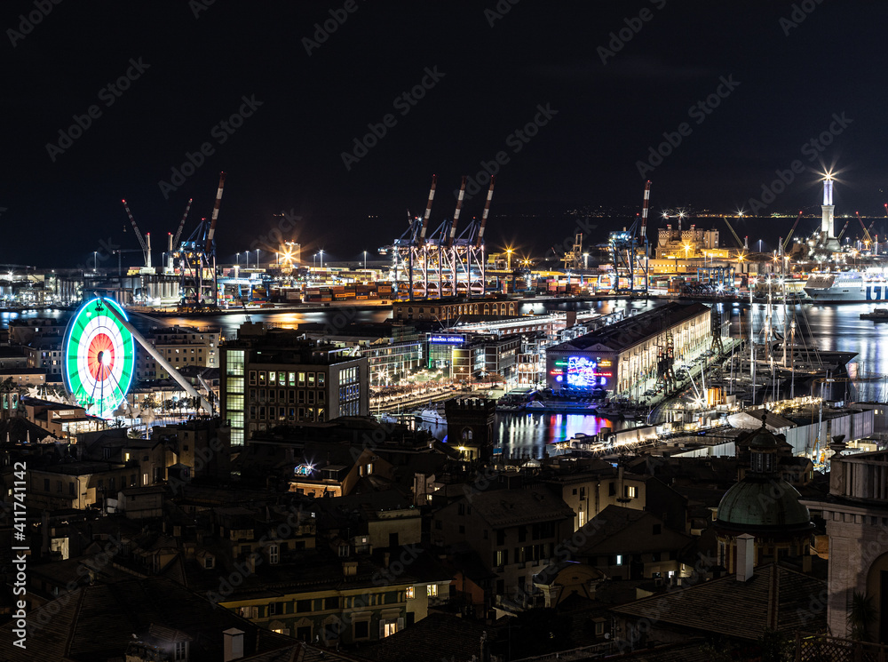 Fototapeta premium Genova by night from Righi and Castelletto, Italy