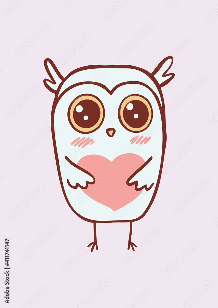 Cute funny owl holding a heart. Greeting card template. Happy Valentines's Day postcard design. Suitable for t-shirt prints, cards or posters. Vector illustration EPS10